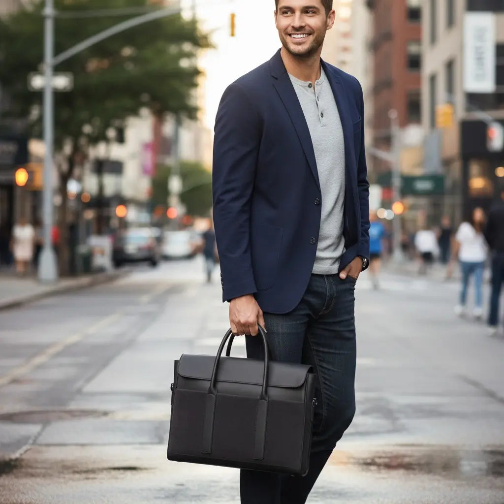 Sac business homme en cuir de vachette porté en ville avec tenue élégante