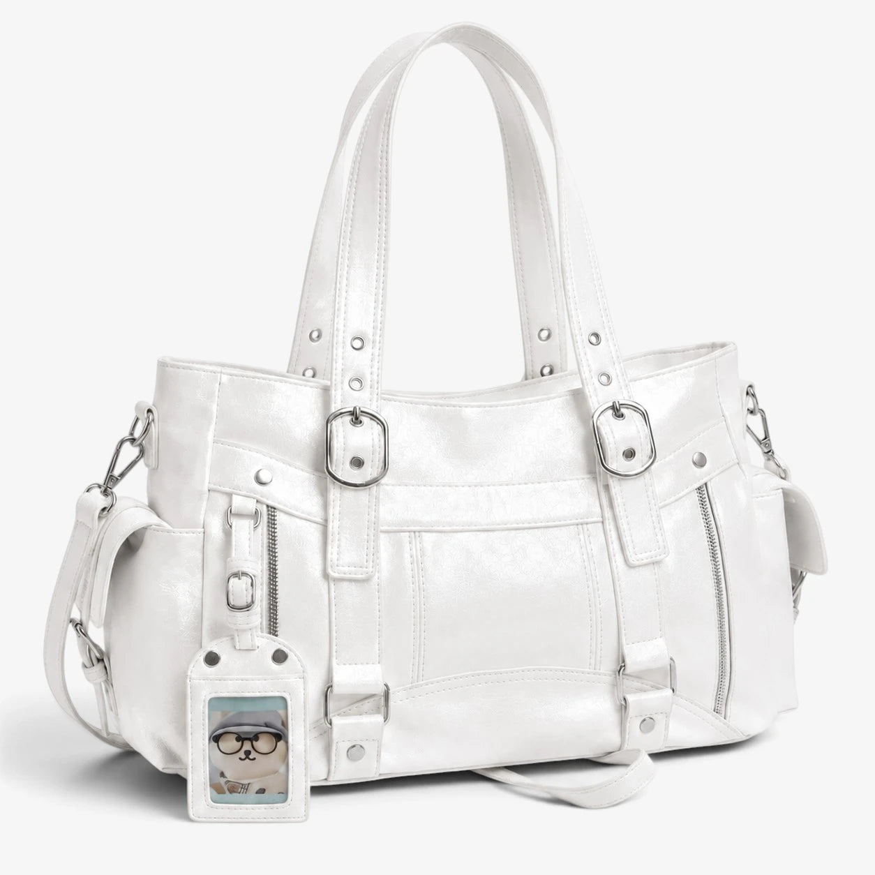 Sac cabas blanc en simili cuir PU avec bandoulière amovible, vue de face