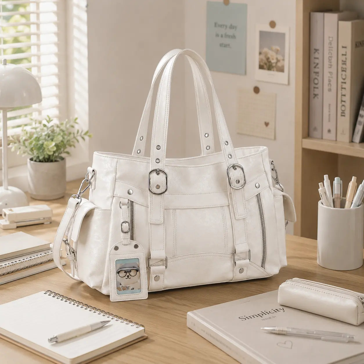 Sac cabas blanc posé sur un bureau pour les cours