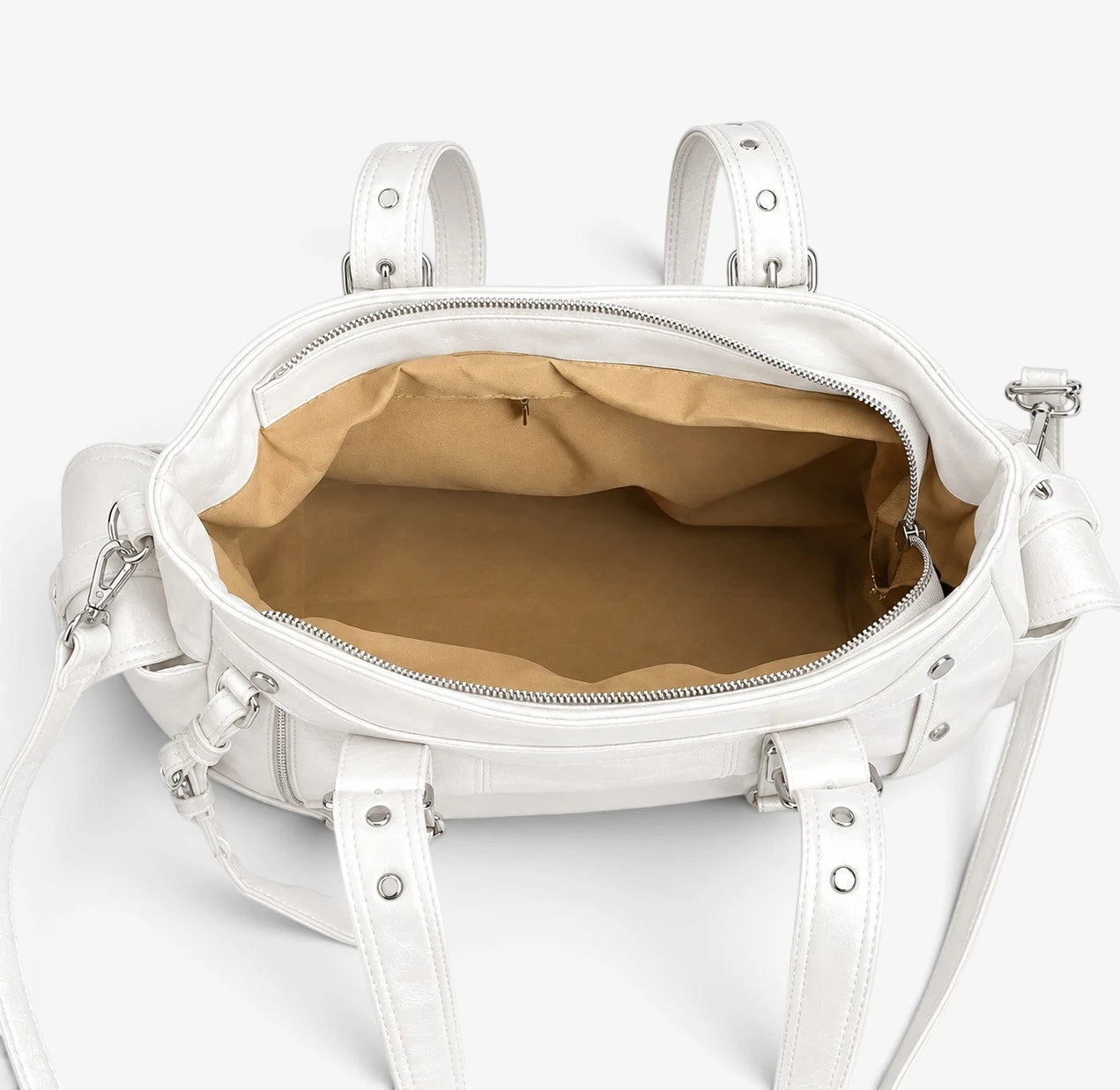 Intérieur du sac cabas blanc avec compartiment principal et poches