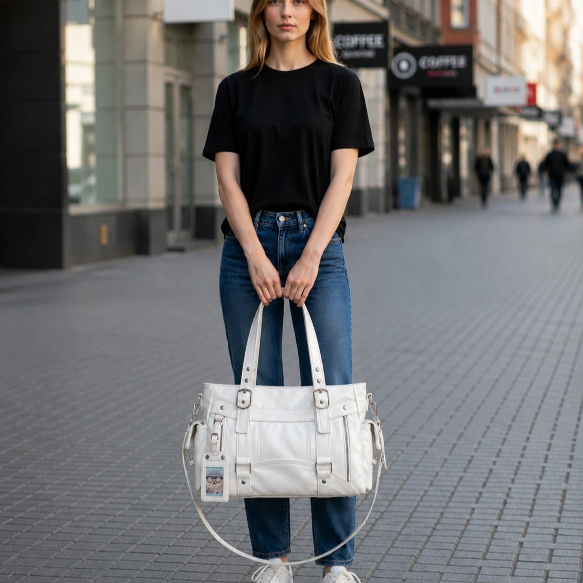 Sac cabas blanc porté à la main par une étudiante en ville