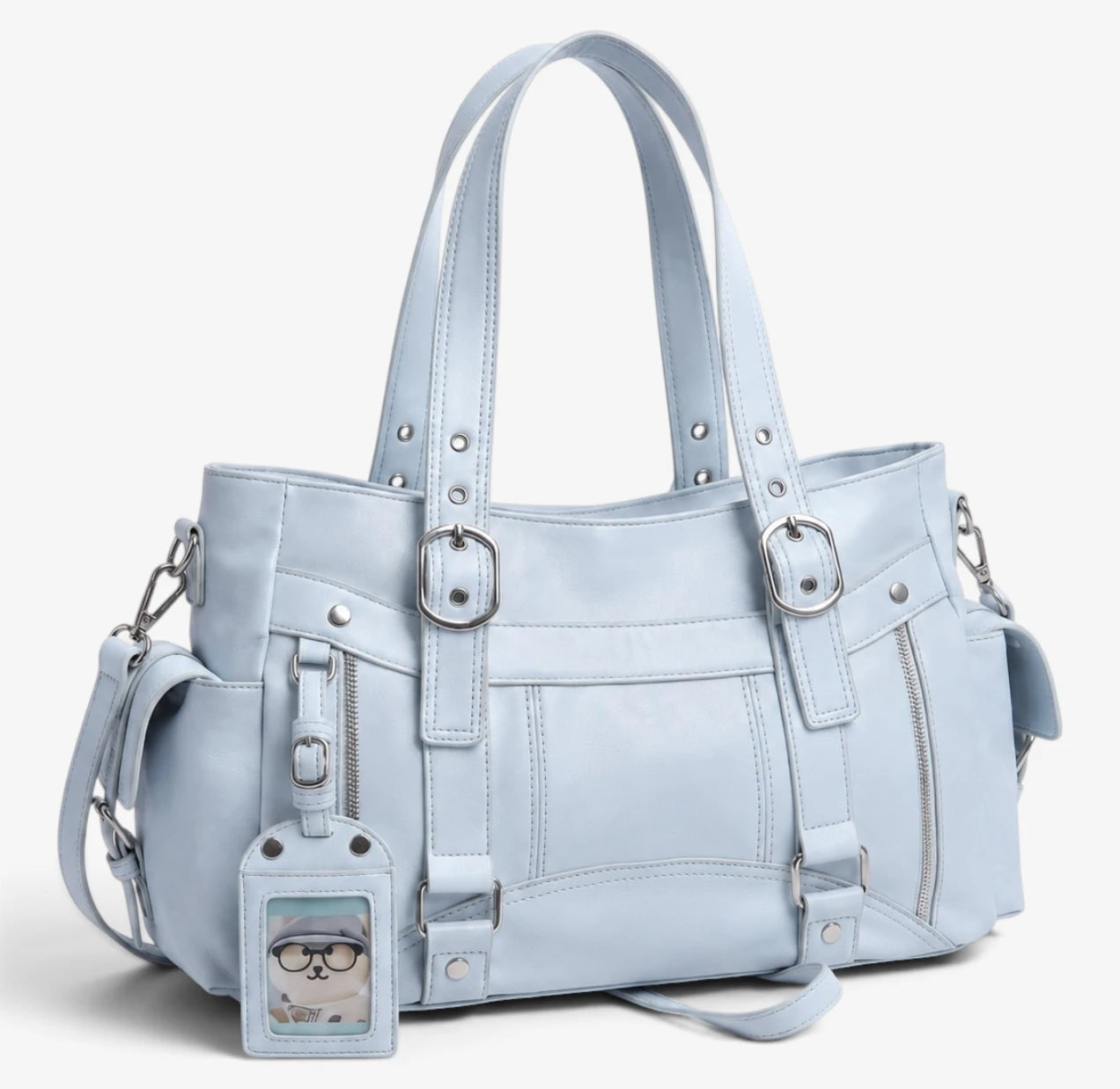 Sac cabas bleu en simili cuir PU avec bandoulière amovible, vue de face