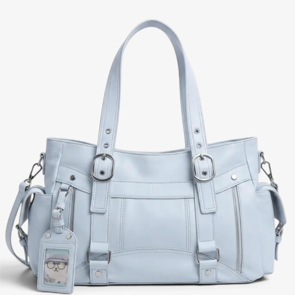 Sac cabas bleu en simili cuir PU vu de face