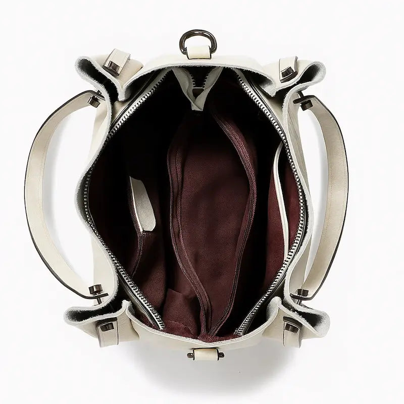 Sac cabas en cuir blanc laiteux pour femme, compartiment principal ouvert avec doublure marron