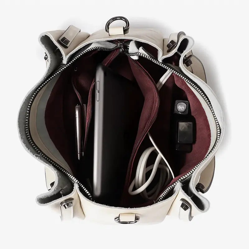 Sac cabas en cuir blanc laiteux pour femme, intérieur avec compartiments et doublure