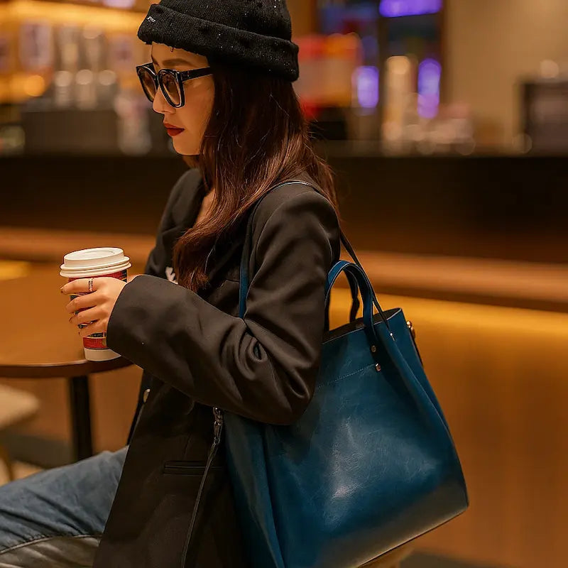 Sac cabas en cuir bleu porté à la main par une femme avec lunettes au café