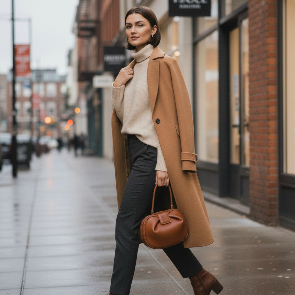 Sac cabas en cuir bombé marron porté en ville
