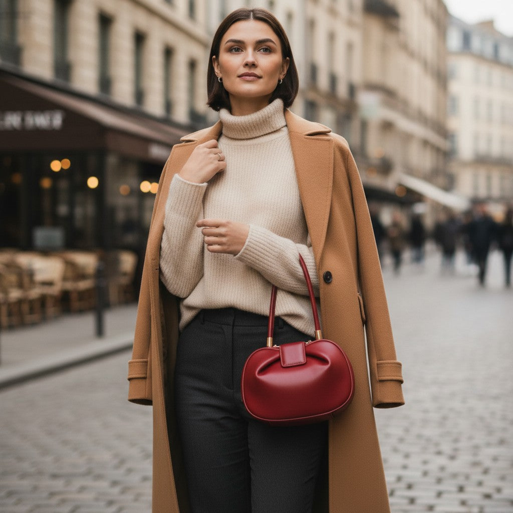 Sac cabas en cuir bombé rouge porté en ville