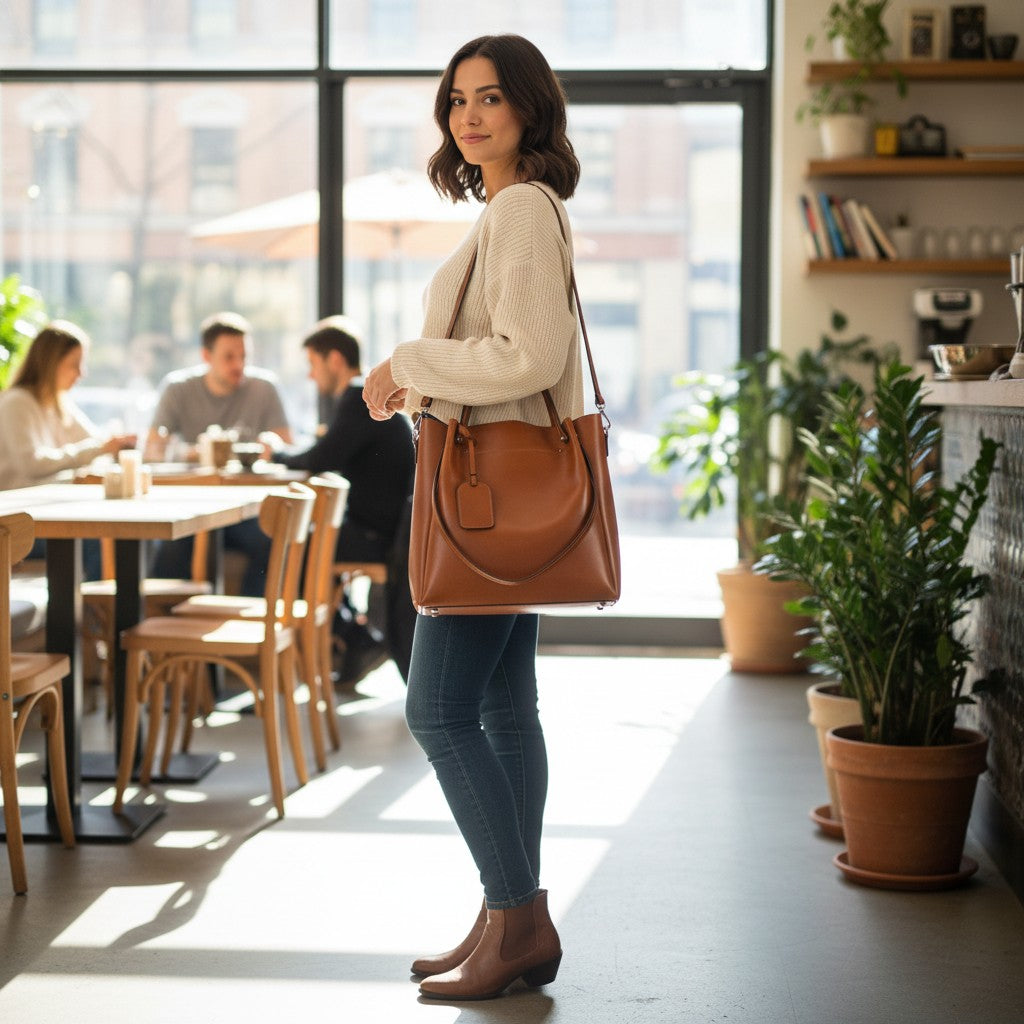 Sac cabas en cuir camel pour femme porté à l’épaule dans un café lumineux