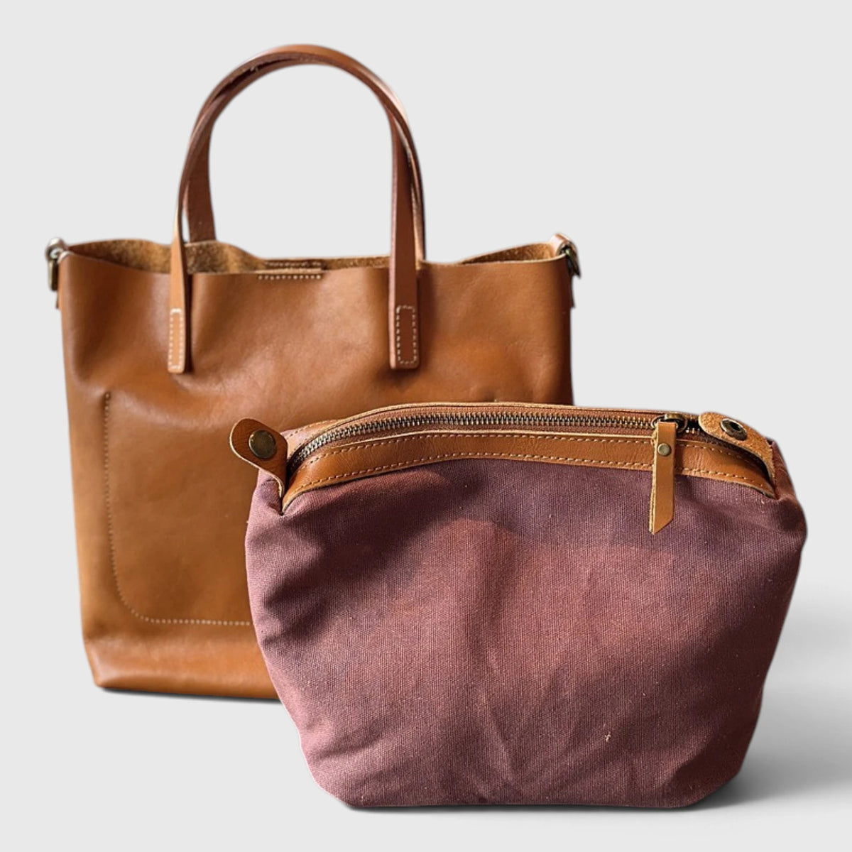 Sac cabas en cuir cognac avec pochette zippée amovible