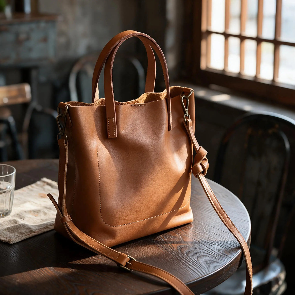 Sac cabas en cuir cognac posé sur une table en bois