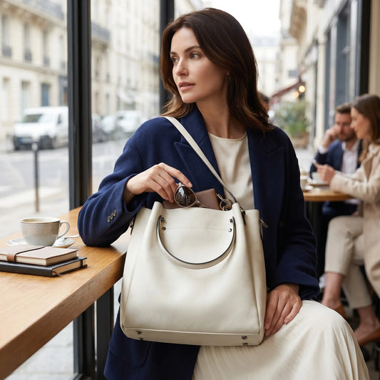 Sac cabas en cuir blanc porté par une femme assise dans un café
