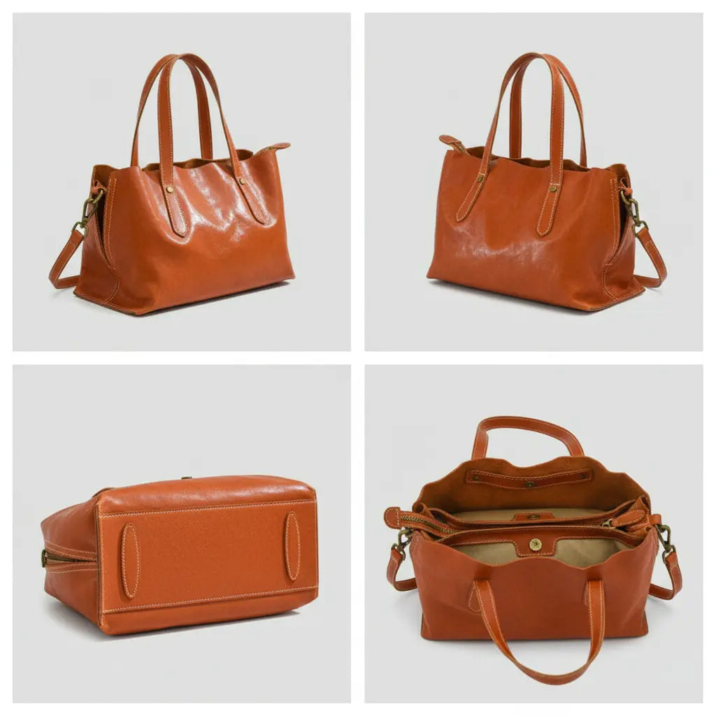 Sac cabas en cuir pour femme présenté sous plusieurs angles