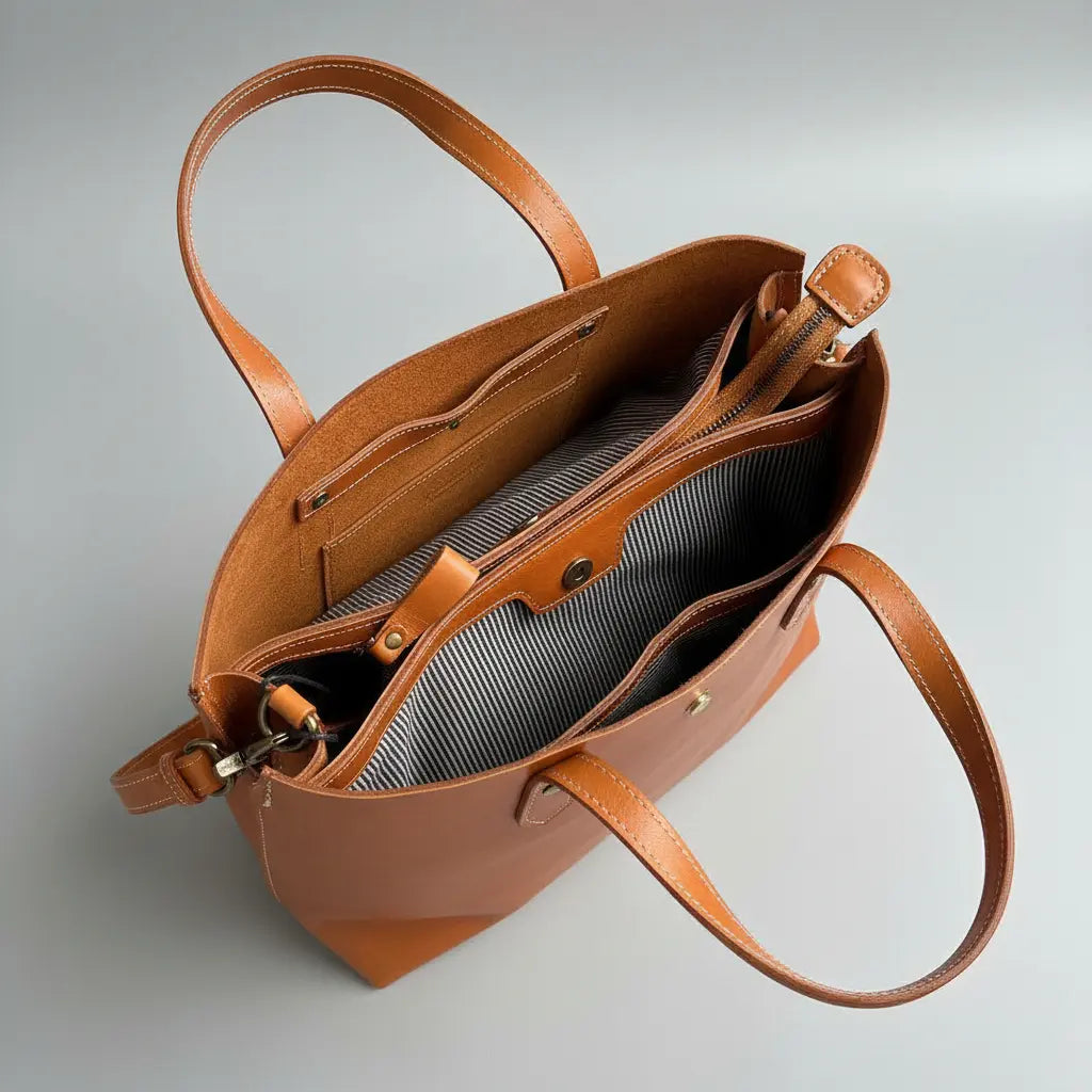 Intérieur du sac cabas en cuir pour femme avec compartiments