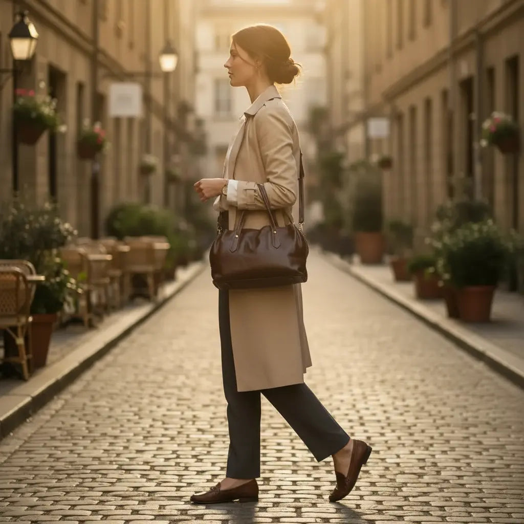 Sac cabas en cuir pour femme porté avec une tenue urbaine élégante