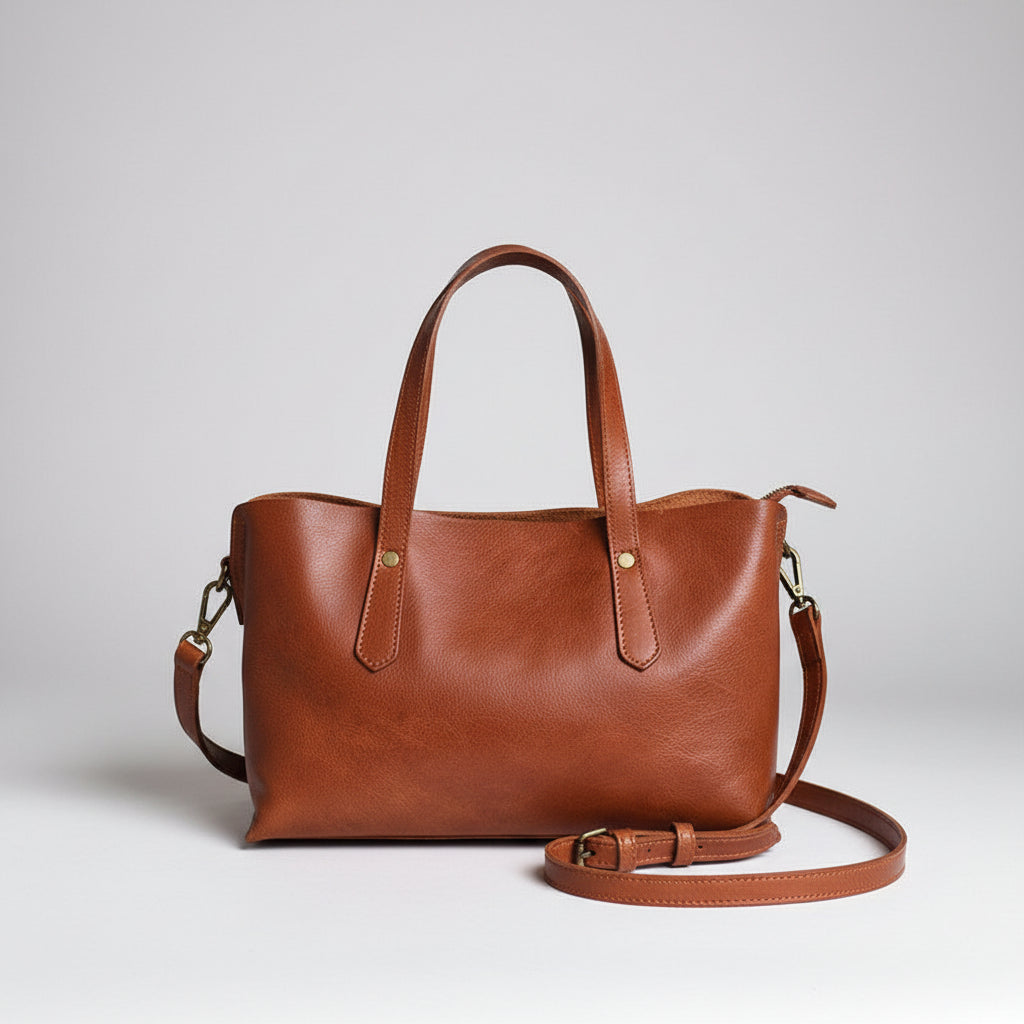 Sac cabas en cuir marron pour femme vue de face avec bandoulière