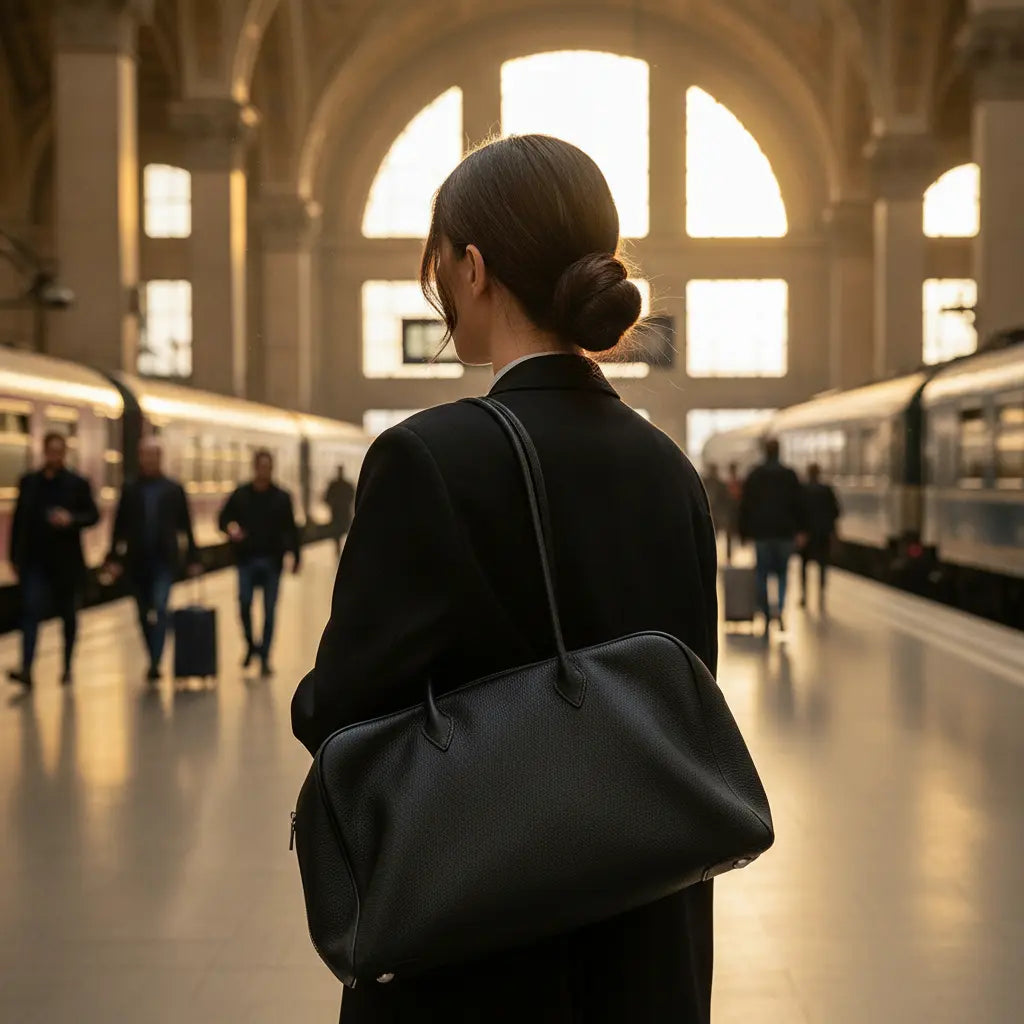 Femme portant un sac cabas noir en cuir à l'épaule au quotidien