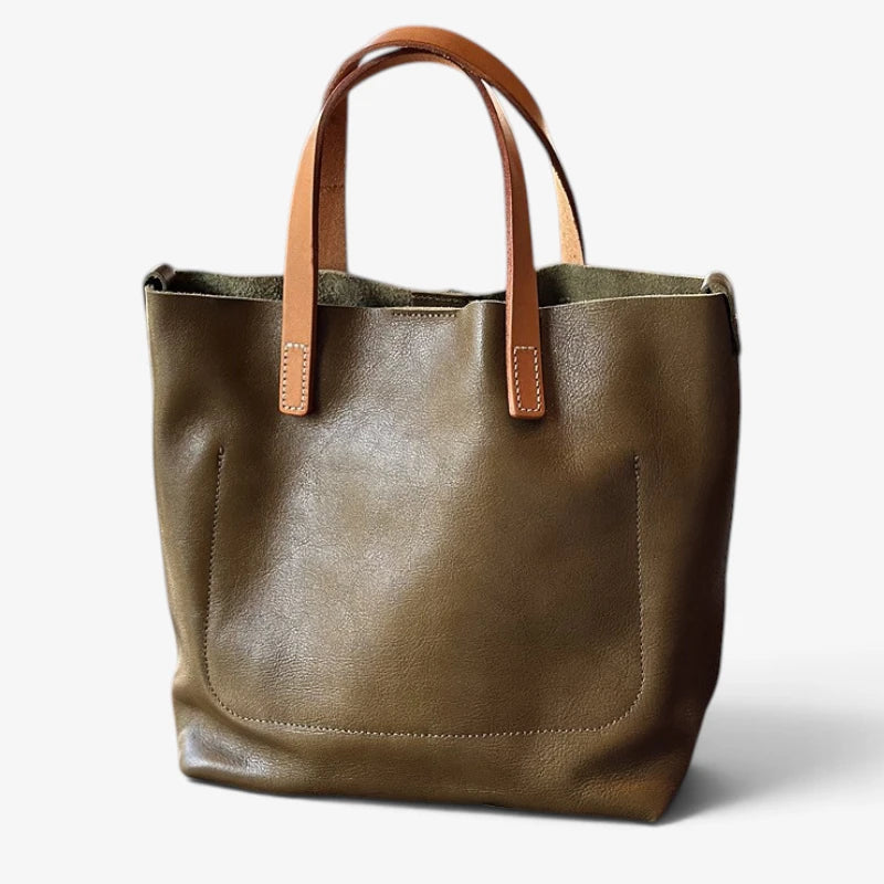 Sac cabas en cuir kaki avec anses cognac