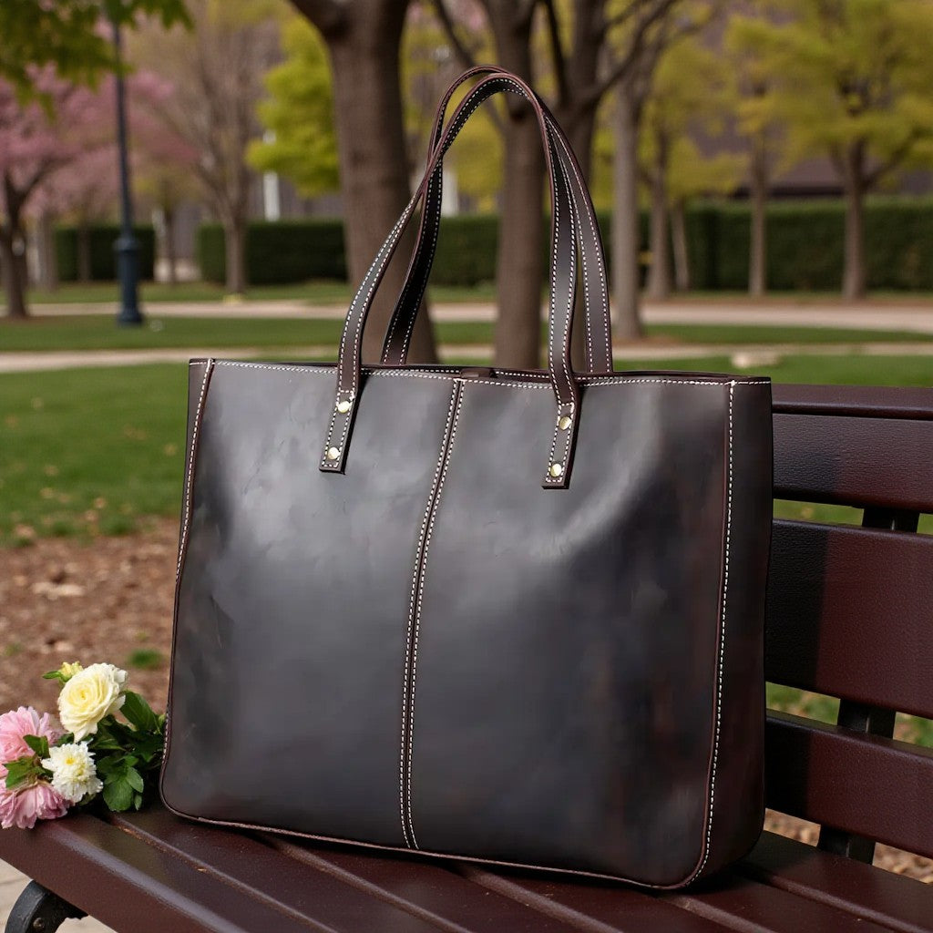 Sac cabas en cuir marron déposé sur un banc dans un parc