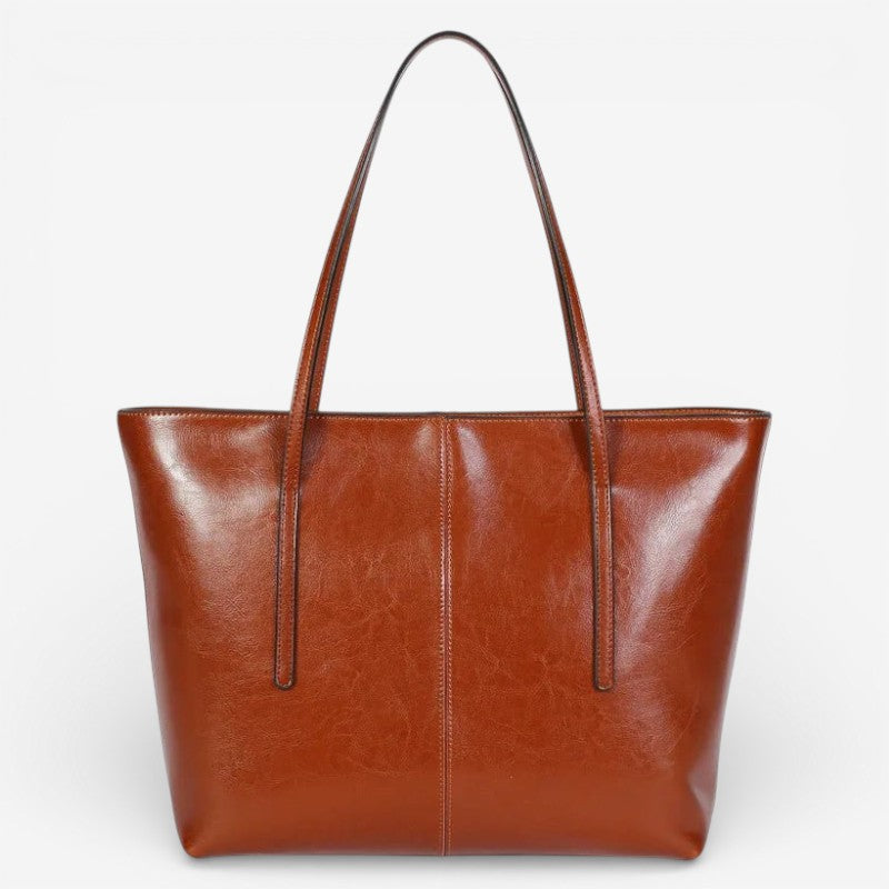 Vue de face du sac cabas marron en cuir de vachette