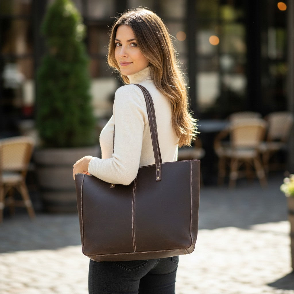 Sac cabas en cuir marron porté par une femme marchant dans une rue pavée