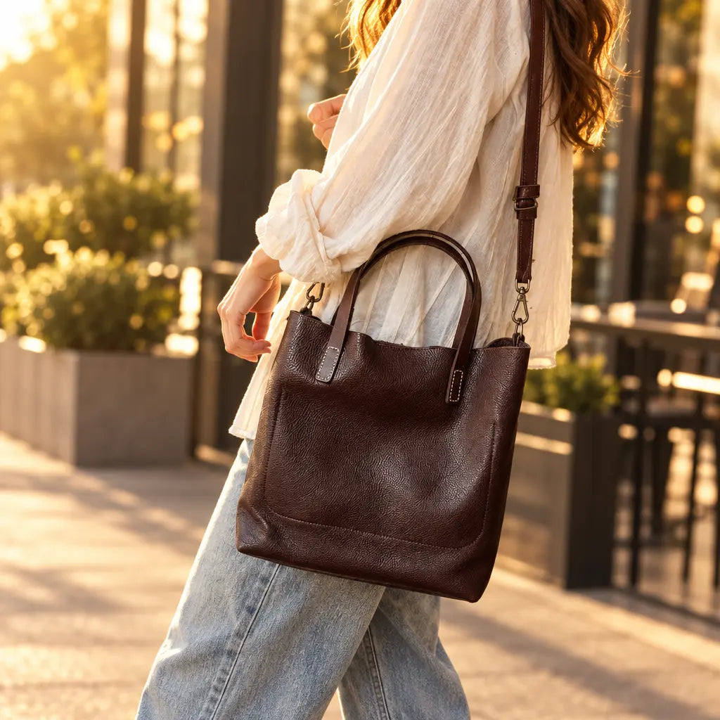 Sac cabas en cuir marron foncé porté à l’épaule en extérieur