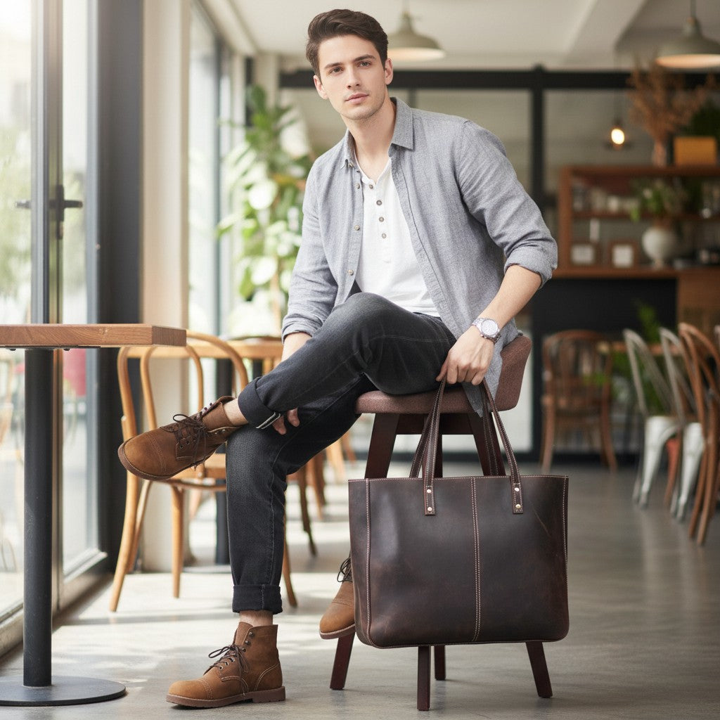 Sac cabas en cuir marron posé au sol près d’un homme assis dans un café