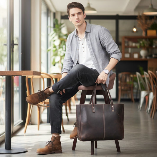Sac cabas en cuir marron posé au sol près d’un homme assis dans un café