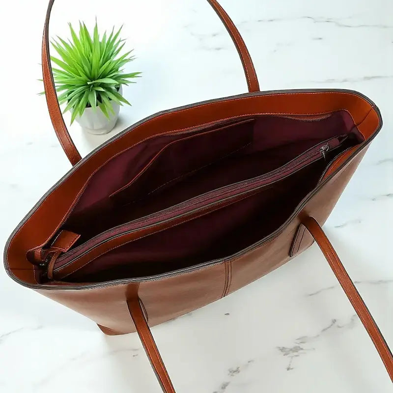 Intérieur du sac cabas marron en cuir de vachette avec doublure