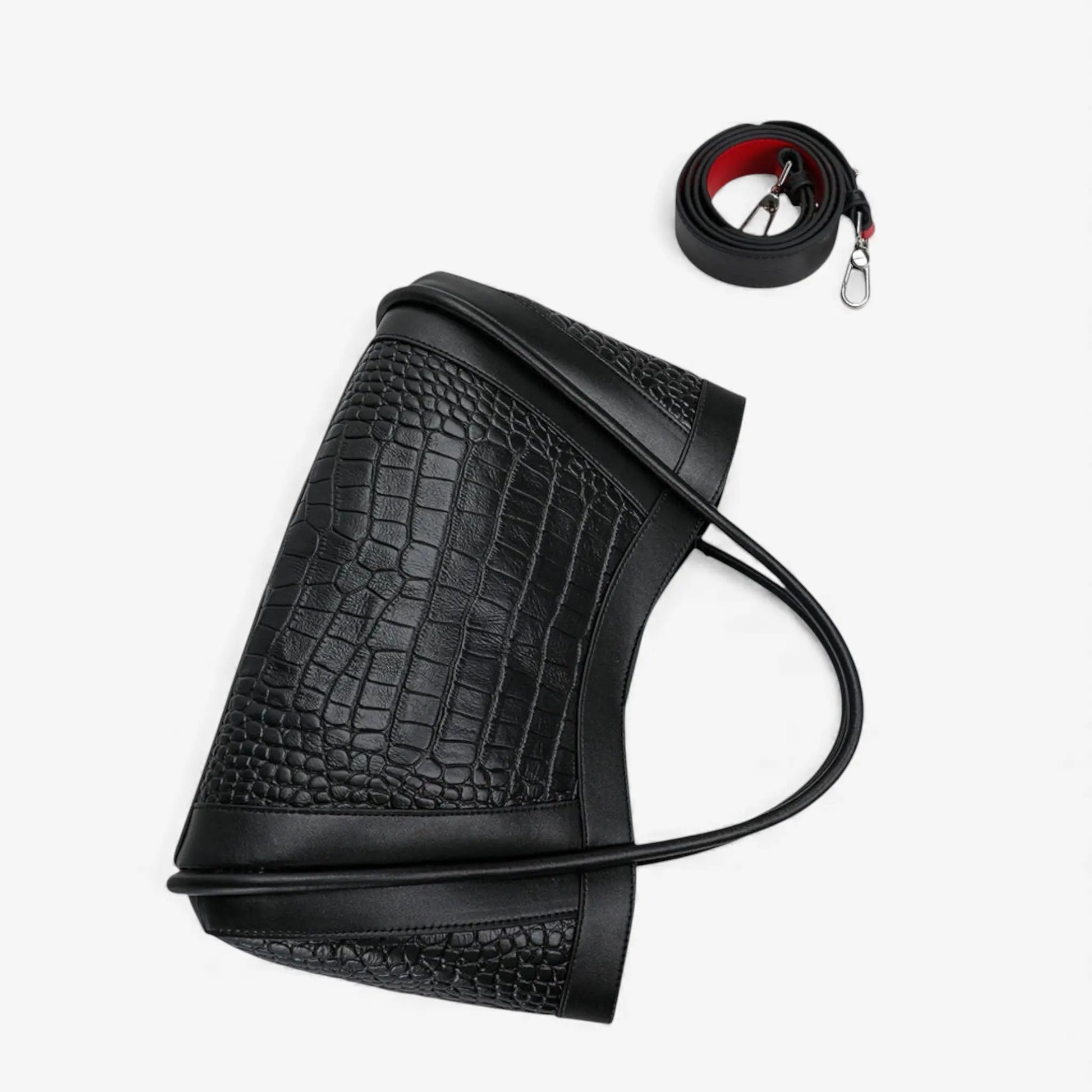 Vue du sac cabas en cuir noir avec bandoulière amovible