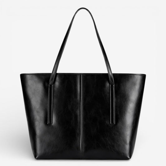 Vue de face du sac cabas noir en cuir de vachette