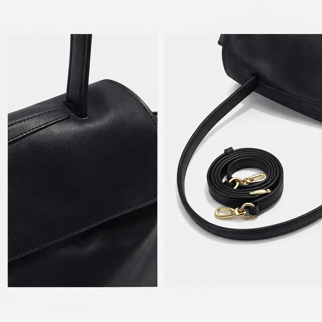 Détails finitions sac cabas cuir noir femme anse et couture