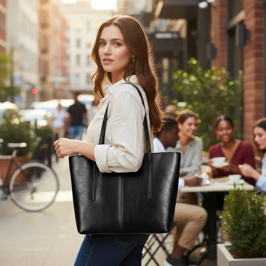 Sac cabas en cuir de vachette noir porté par une jeune femme devant une terrasse de café  d'une grande ville 