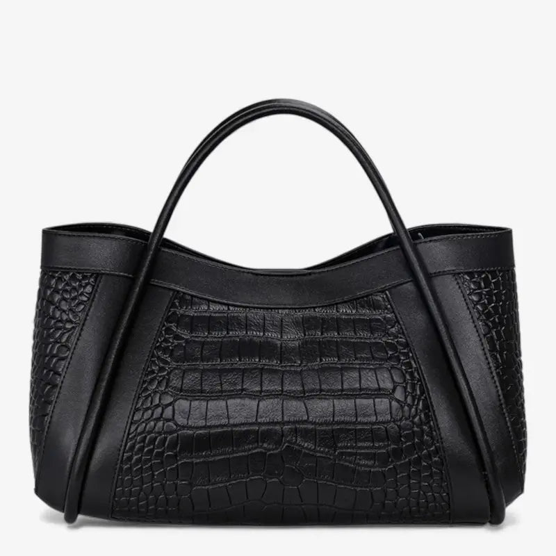 Vue avant du sac cabas en cuir noir effet croco en studio