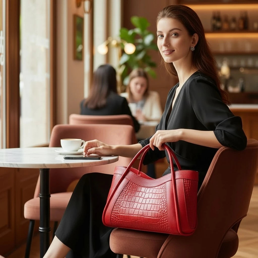 Sac cabas rouge en cuir de vachette pleine fleur effet croco porté dans un café