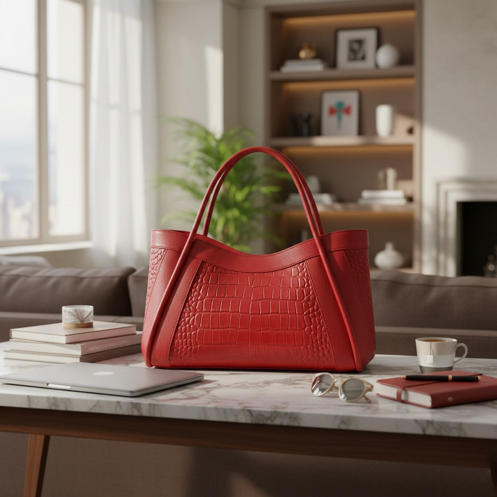 Sac cabas rouge en cuir de vachette pleine fleur effet croco posé sur une table de salon