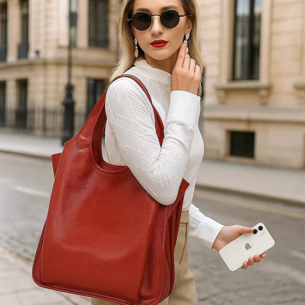 Femme portant un sac cabas en cuir rouge élégant avec anses larges