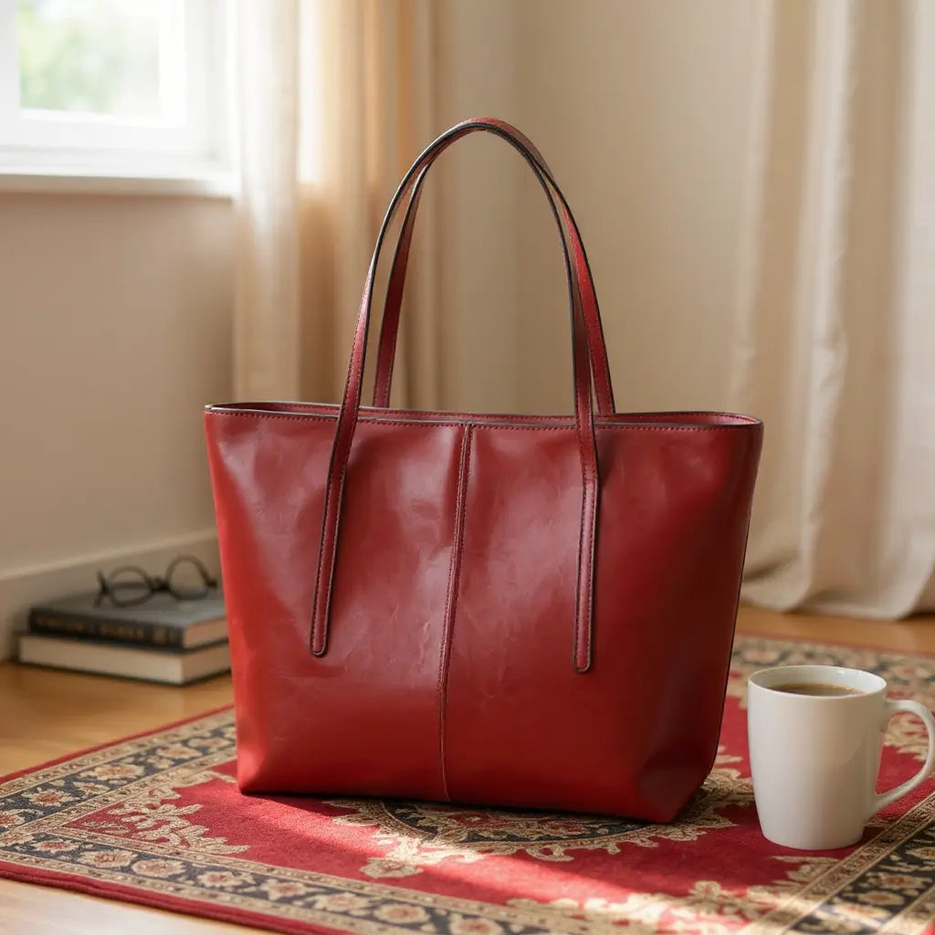 Sacs cabas en cuir rouge posé sur un tapis 