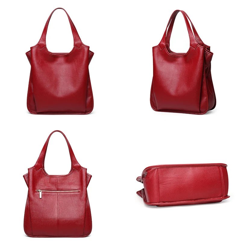 Sac cabas en cuir rouge présenté sous plusieurs angles, dont la vue arrière