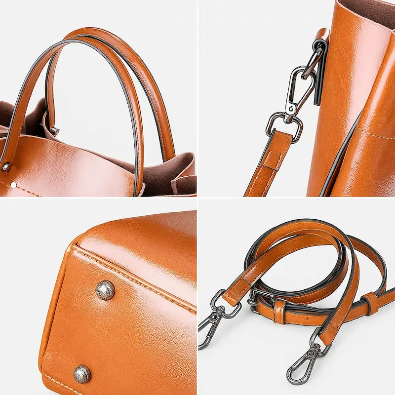 Sac cabas en cuir souple camel pour femme, montage de 4 détails couture, anses, dessous et attache