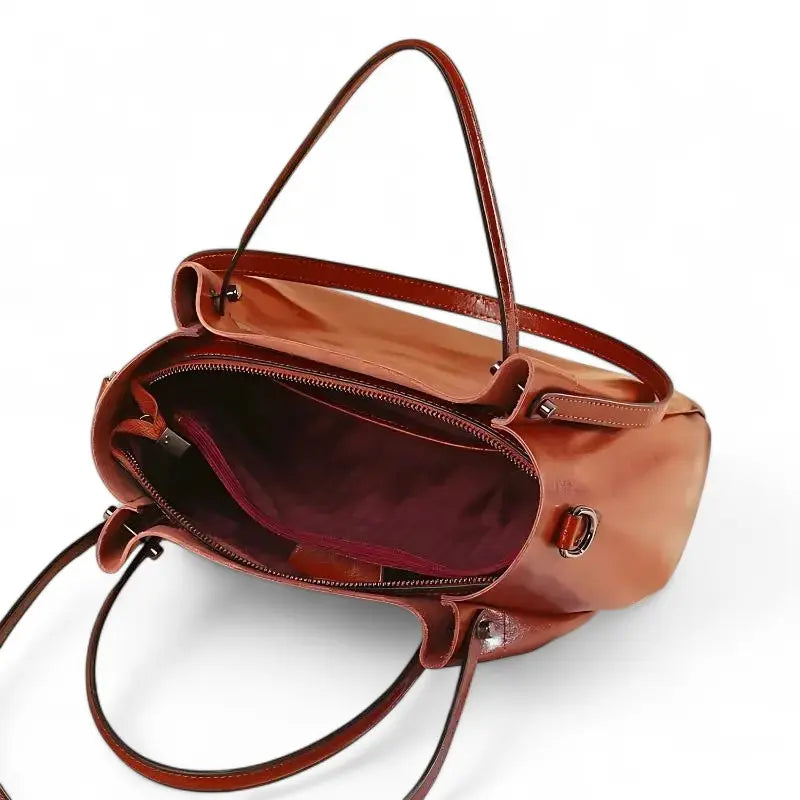 Sac cabas en cuir souple camel pour femme, intérieur ouvert avec doublure rouge et bandoulière