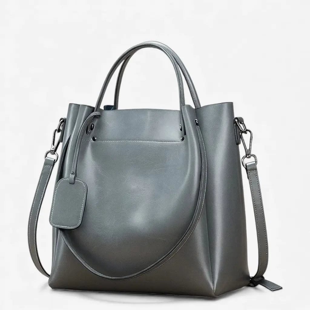 Sac cabas en cuir souple gris pour femme, vue de face avec anses arrondies