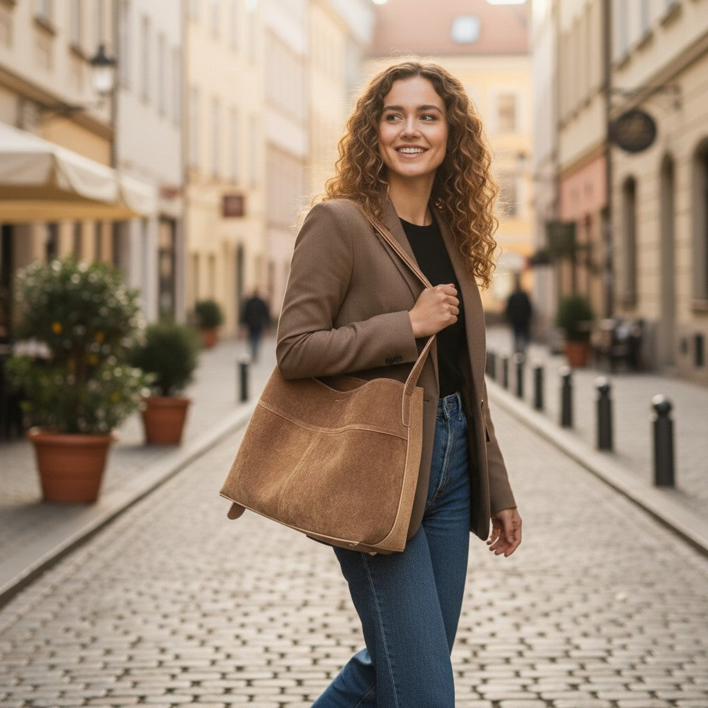 Sac cabas en cuir suédé camel porté à l’épaule par une femme en ville