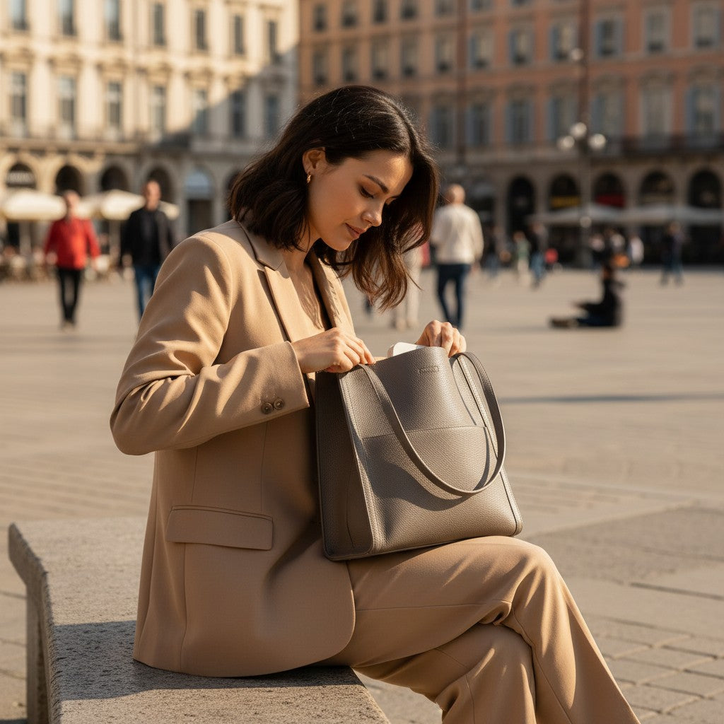 sac cabas en cuir synthétique gris porté par une femme assise en ville