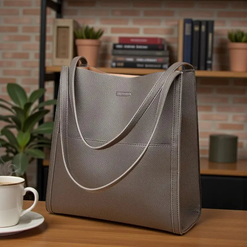 sac cabas en cuir synthétique gris posé sur une table, vue intérieure