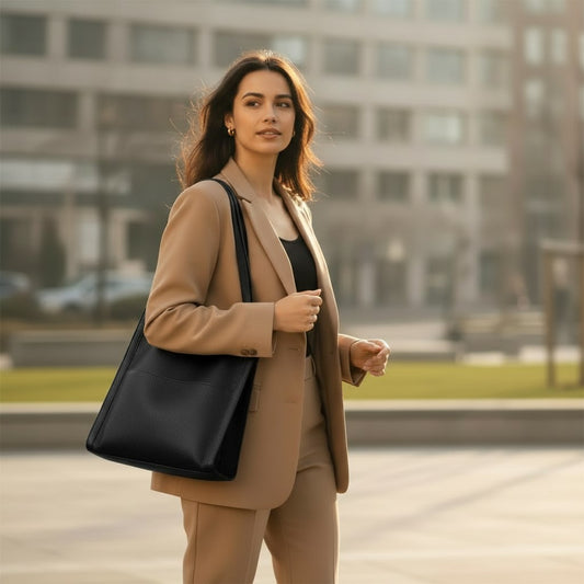 sac cabas en cuir synthétique noir porté par une femme en tenue beige en extérieur