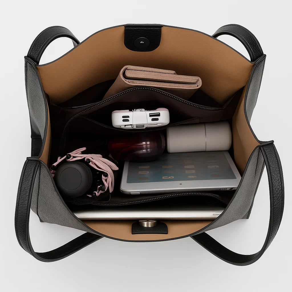 intérieur d’un sac cabas en cuir synthétique noir contenant des objets du quotidien