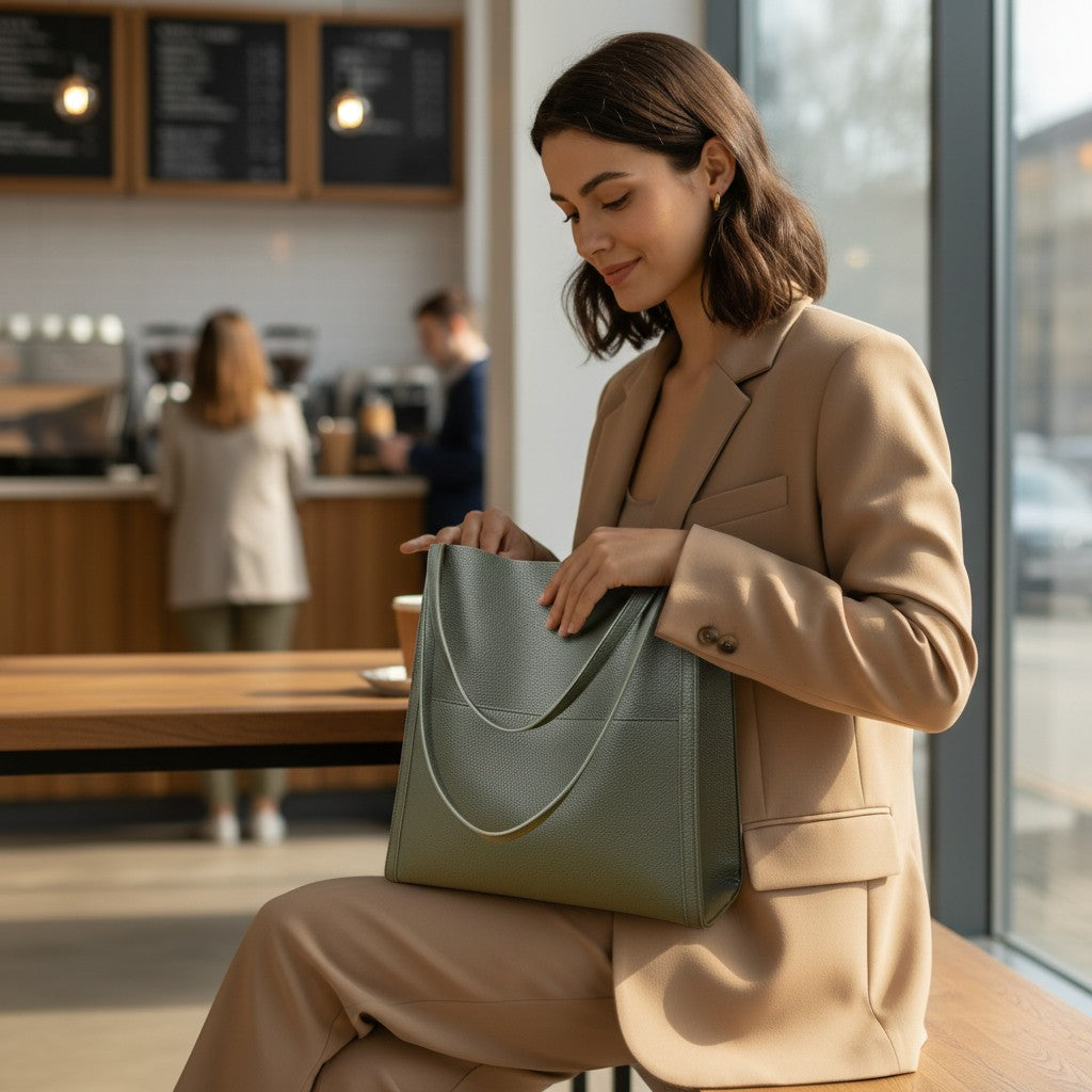 sac cabas en cuir synthétique vert porté par une femme dans un café