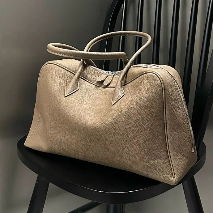Sac cabas femme en cuir de vachette beige avec doubles poignées