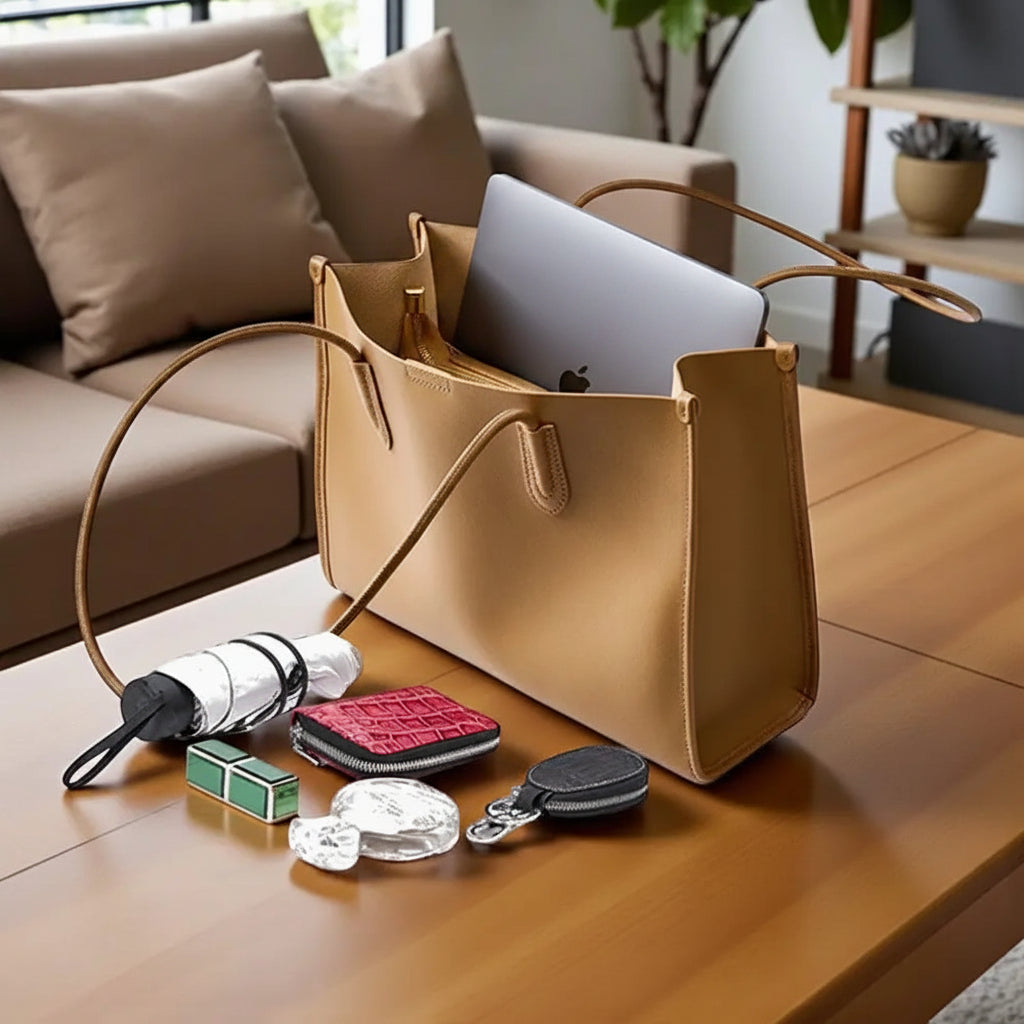 Sac cabas femme en cuir de vachette camel grande capacité avec ordinateur portable et accessoires du quotidien